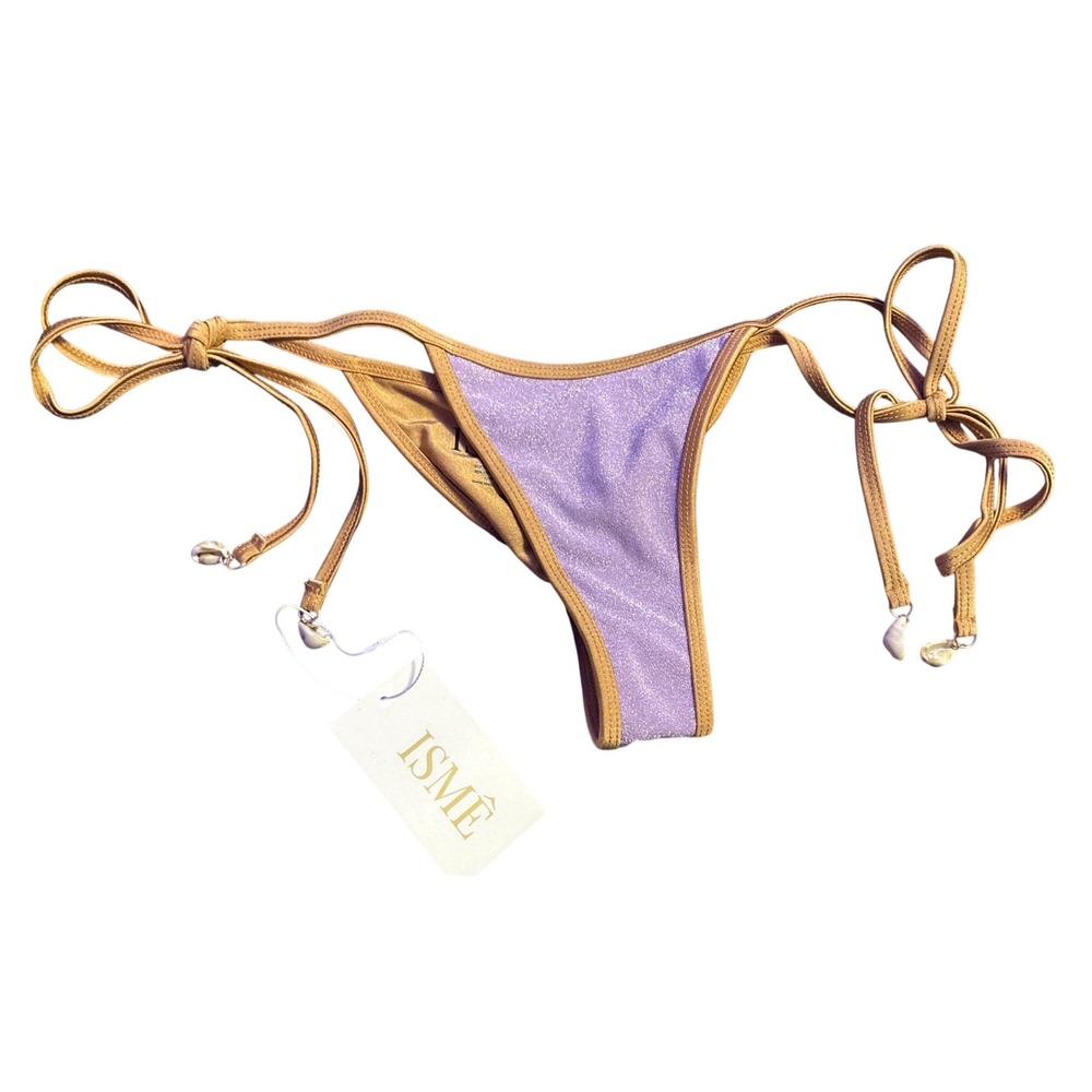 NEW ISME Women's Purple Metallic Gold Trim Tie-Side Brazilian Bikini Bottom, S